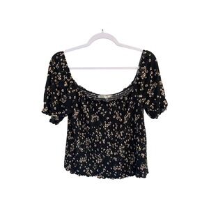 Heart‎ Hips Floral Print Smocked Top Black White Yellow Bohemian Blouse Large